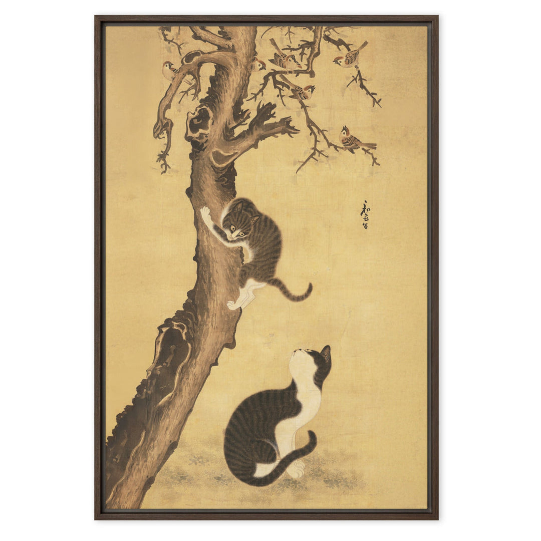 Leinwand - Katzen und Spatzen, Byeon Sang-byeok Braun / 61x91 cm (24″×36″) artlia