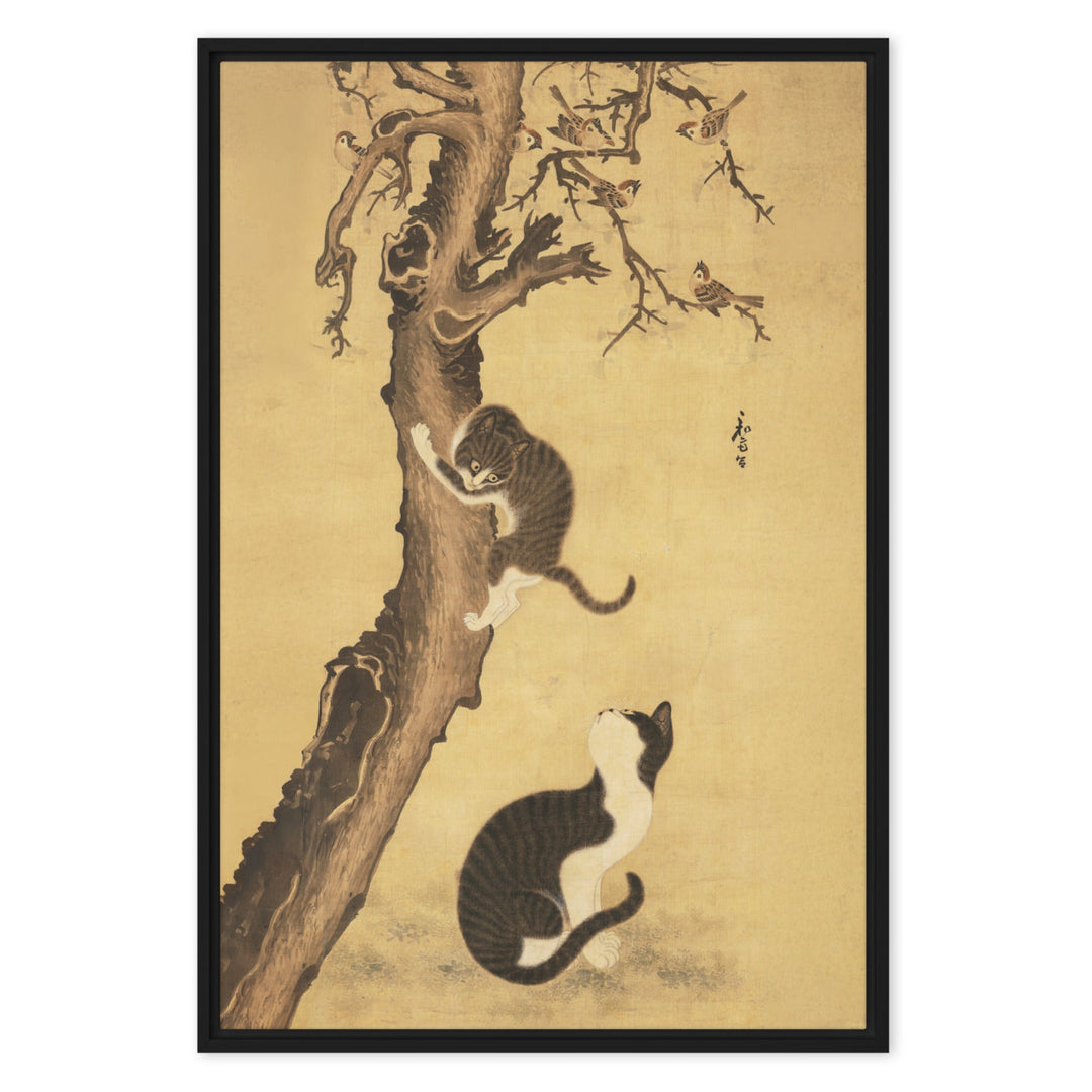 Leinwand - Katzen und Spatzen, Byeon Sang-byeok Schwarz / 61x91 cm (24″×36″) artlia