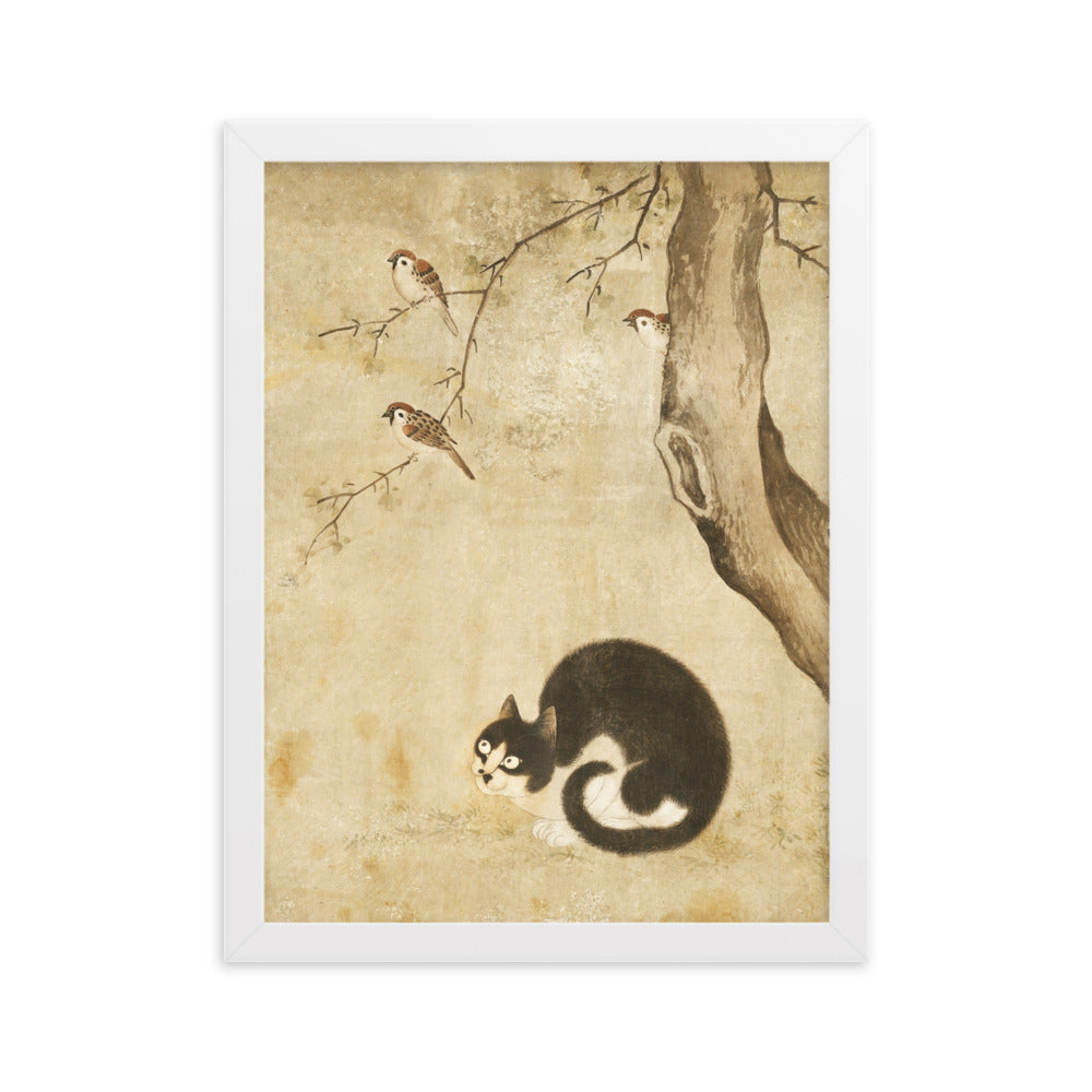 Poster - Katze und Spatzen, Byeon Sang-byeok Weiß / 30×40 cm artlia