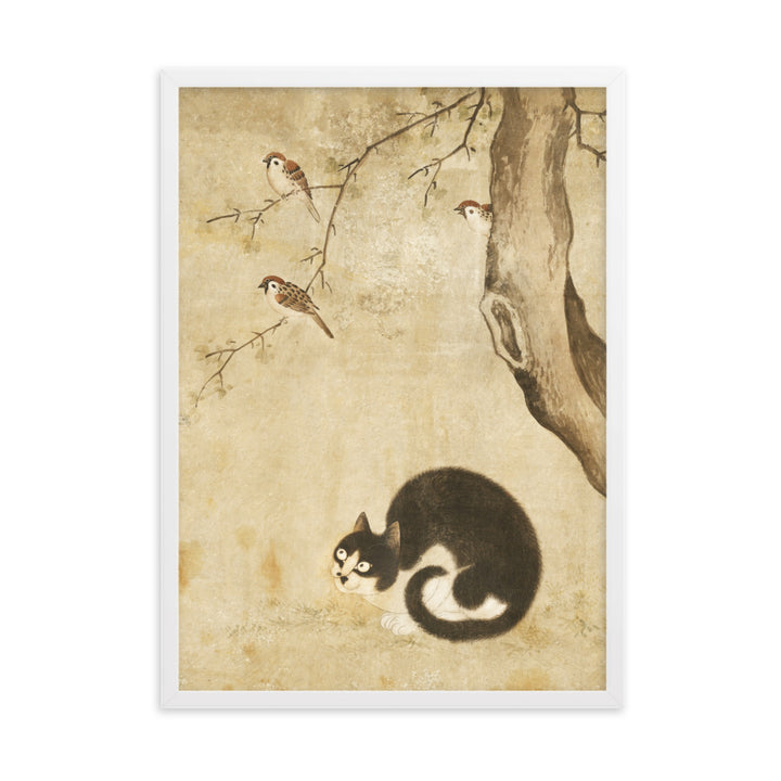 Poster - Katze und Spatzen, Byeon Sang-byeok Weiß / 50×70 cm artlia