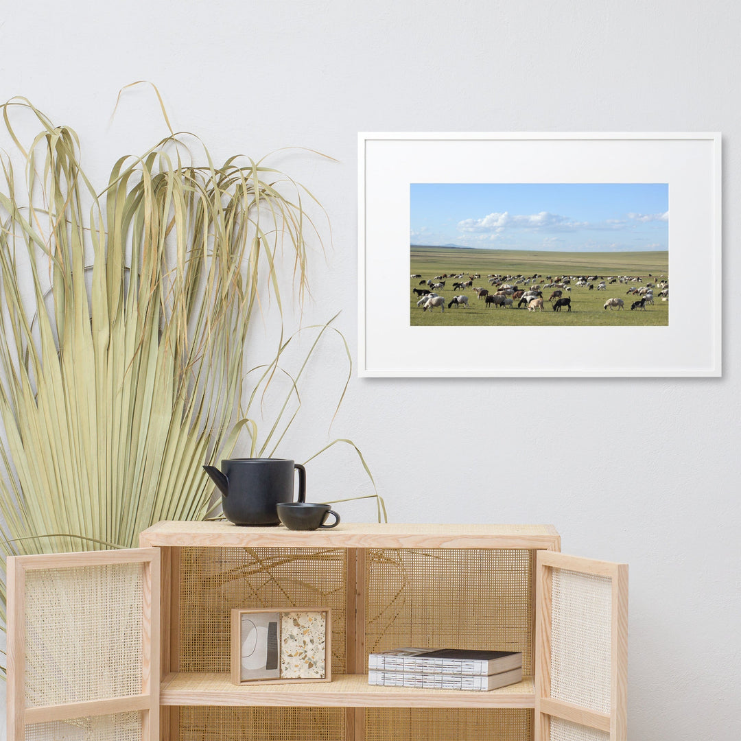 Poster mit Passepartout - Herd of sheep graze in Mongolian steppe artlia