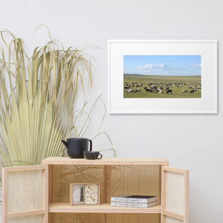 Poster mit Passepartout - Herd of sheep graze in Mongolian steppe artlia
