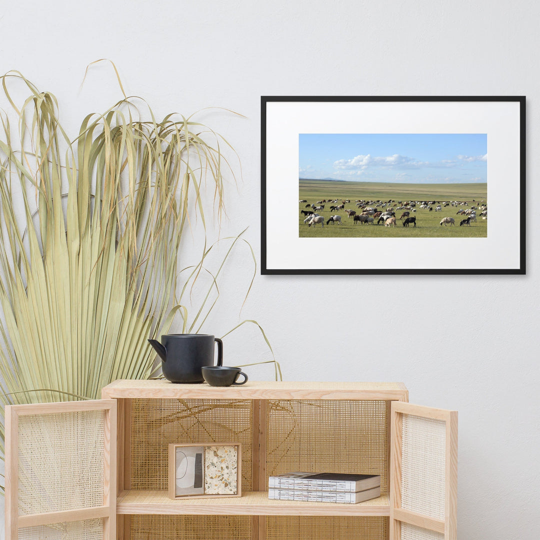 Poster mit Passepartout - Herd of sheep graze in Mongolian steppe artlia