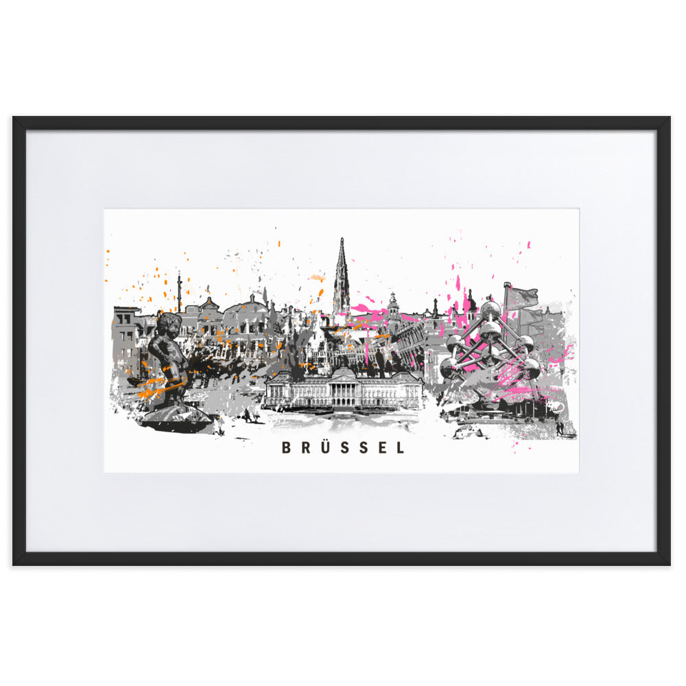 Poster mit Passepartout - Skyline Brüssel Schwarz / 61×91 cm artlia