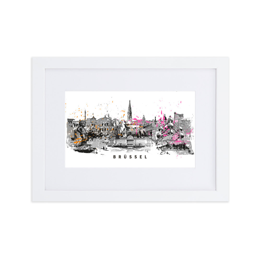 Poster mit Passepartout - Skyline Brüssel Weiß / 21×30 cm artlia