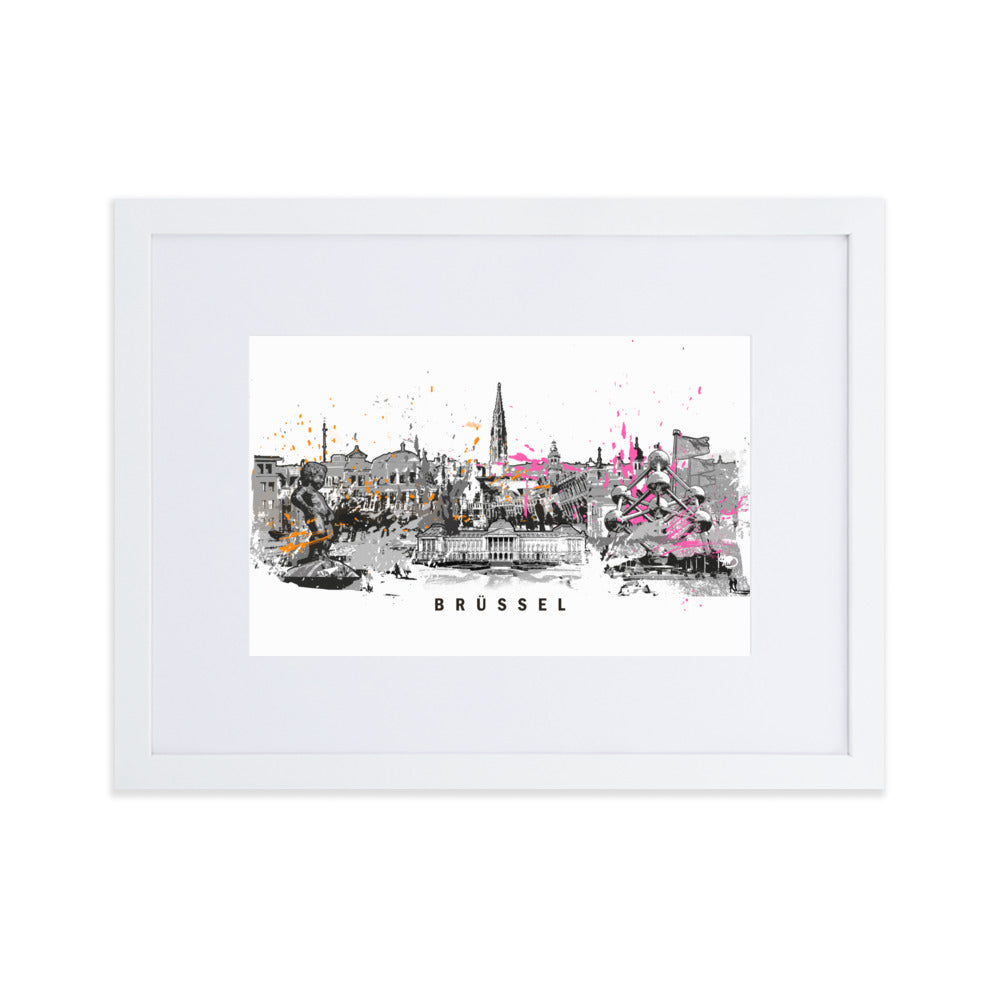Poster mit Passepartout - Skyline Brüssel Weiß / 30×40 cm artlia