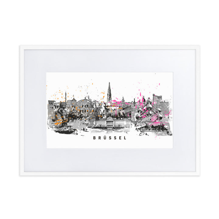 Poster mit Passepartout - Skyline Brüssel Weiß / 50×70 cm artlia