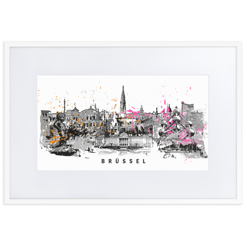 Poster mit Passepartout - Skyline Brüssel Weiß / 61×91 cm artlia