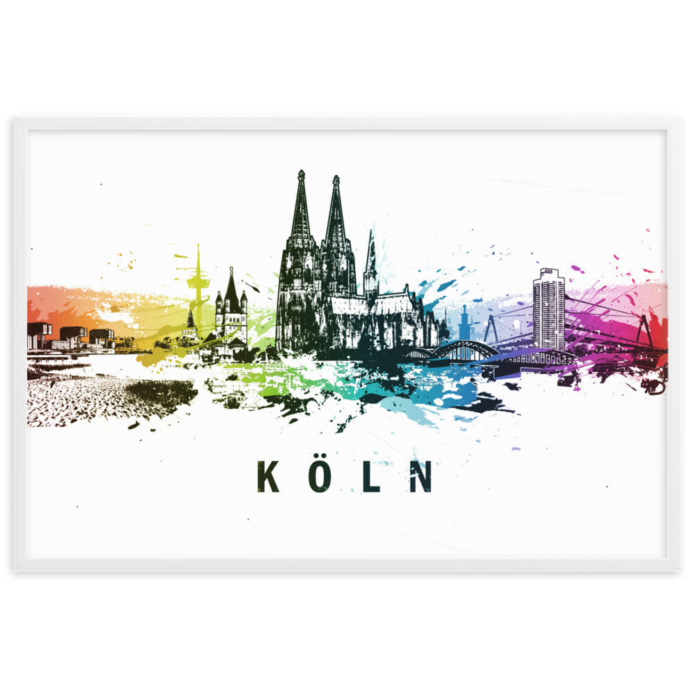 Poster mit Rahmen - Skyline Köln Weiß / 61×91 cm artlia