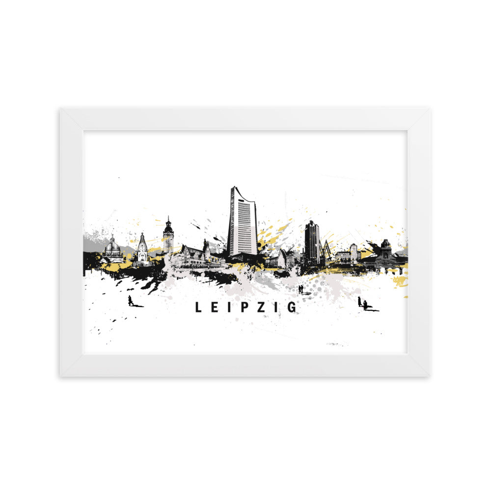 Poster mit Rahmen - Skyline Leipzig Weiß / 21×30 cm artlia