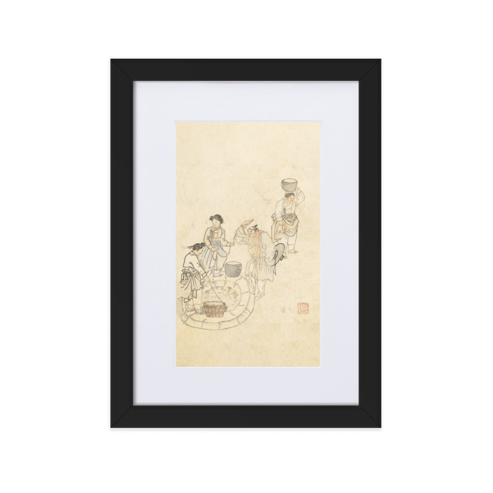 bei der Quelle, Umulga, Kim Hong-do - Poster im Rahmen mit Passepartout Schwarz / 21×30 cm artlia