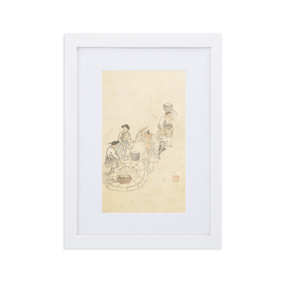 bei der Quelle, Umulga, Kim Hong-do - Poster im Rahmen mit Passepartout Weiß / 21×30 cm artlia