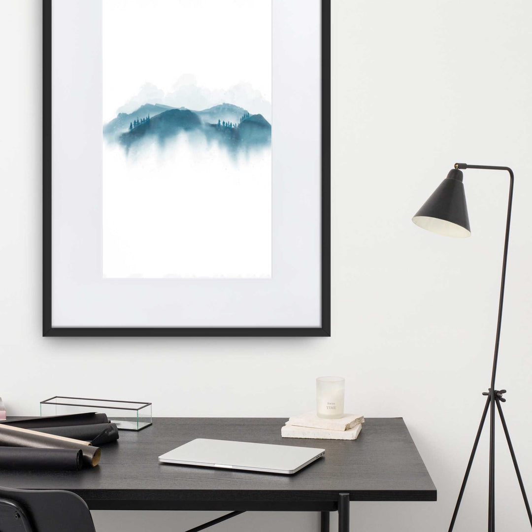 blaue Berge - Poster im Rahmen mit Passepartout artlia