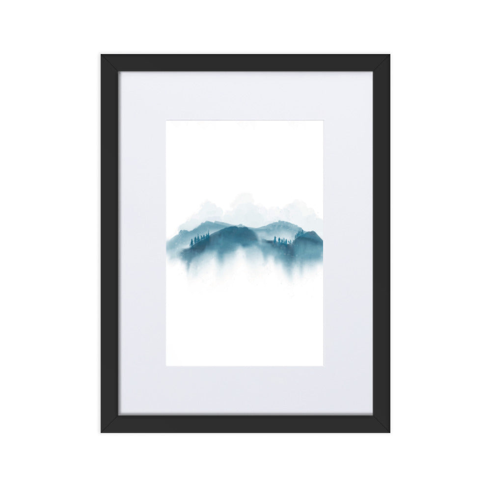 blaue Berge - Poster im Rahmen mit Passepartout Schwarz / 30×40 cm artlia