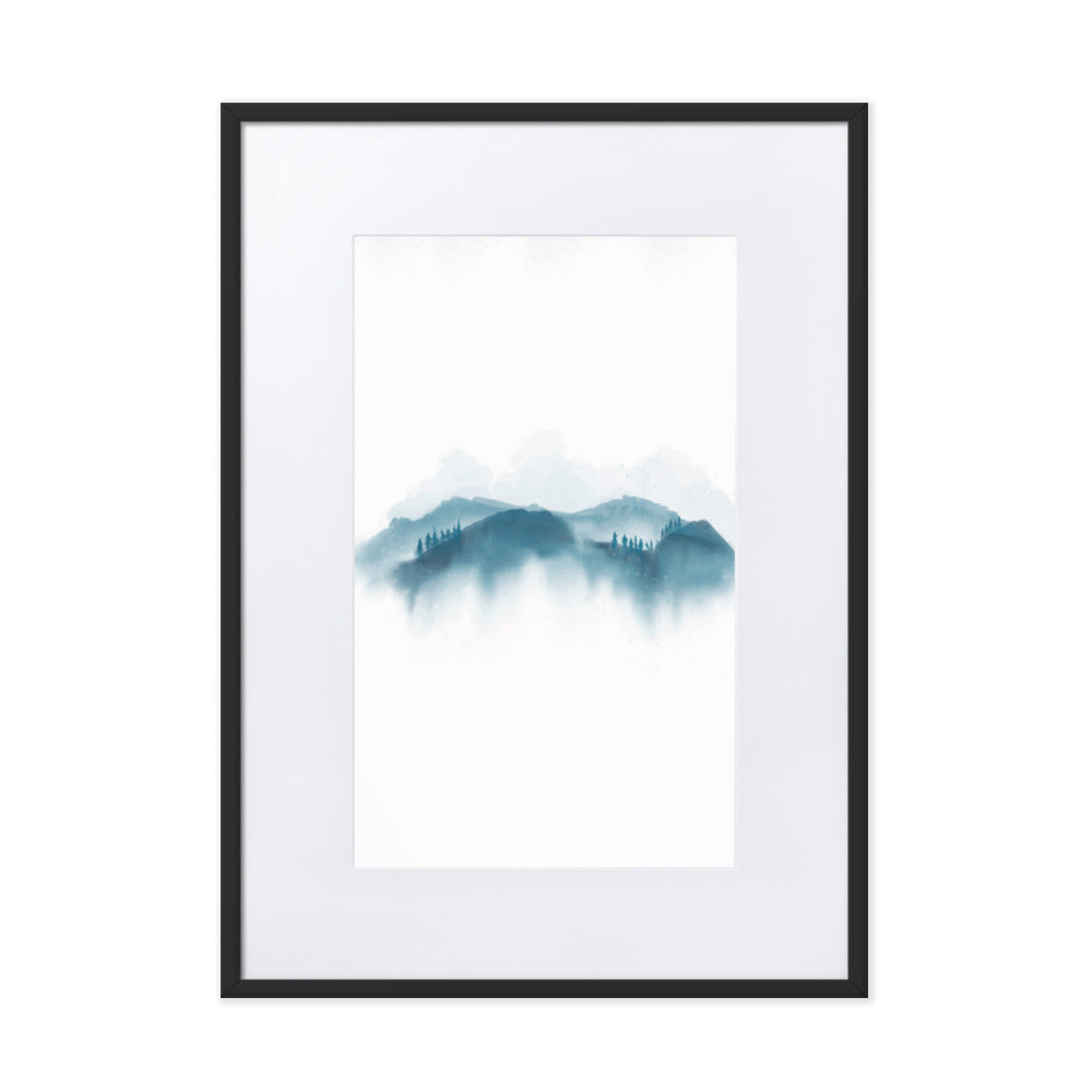 blaue Berge - Poster im Rahmen mit Passepartout Schwarz / 50×70 cm artlia