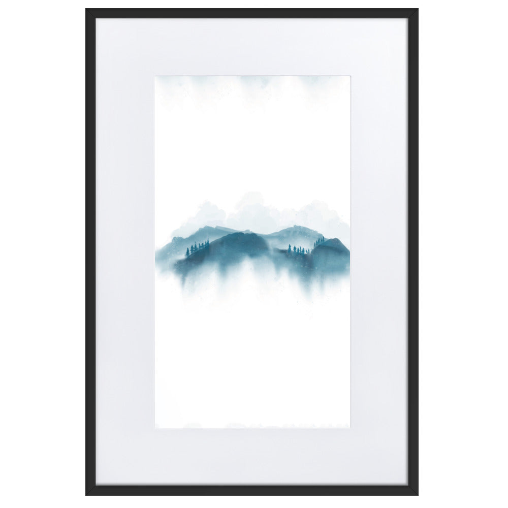 blaue Berge - Poster im Rahmen mit Passepartout Schwarz / 61×91 cm artlia