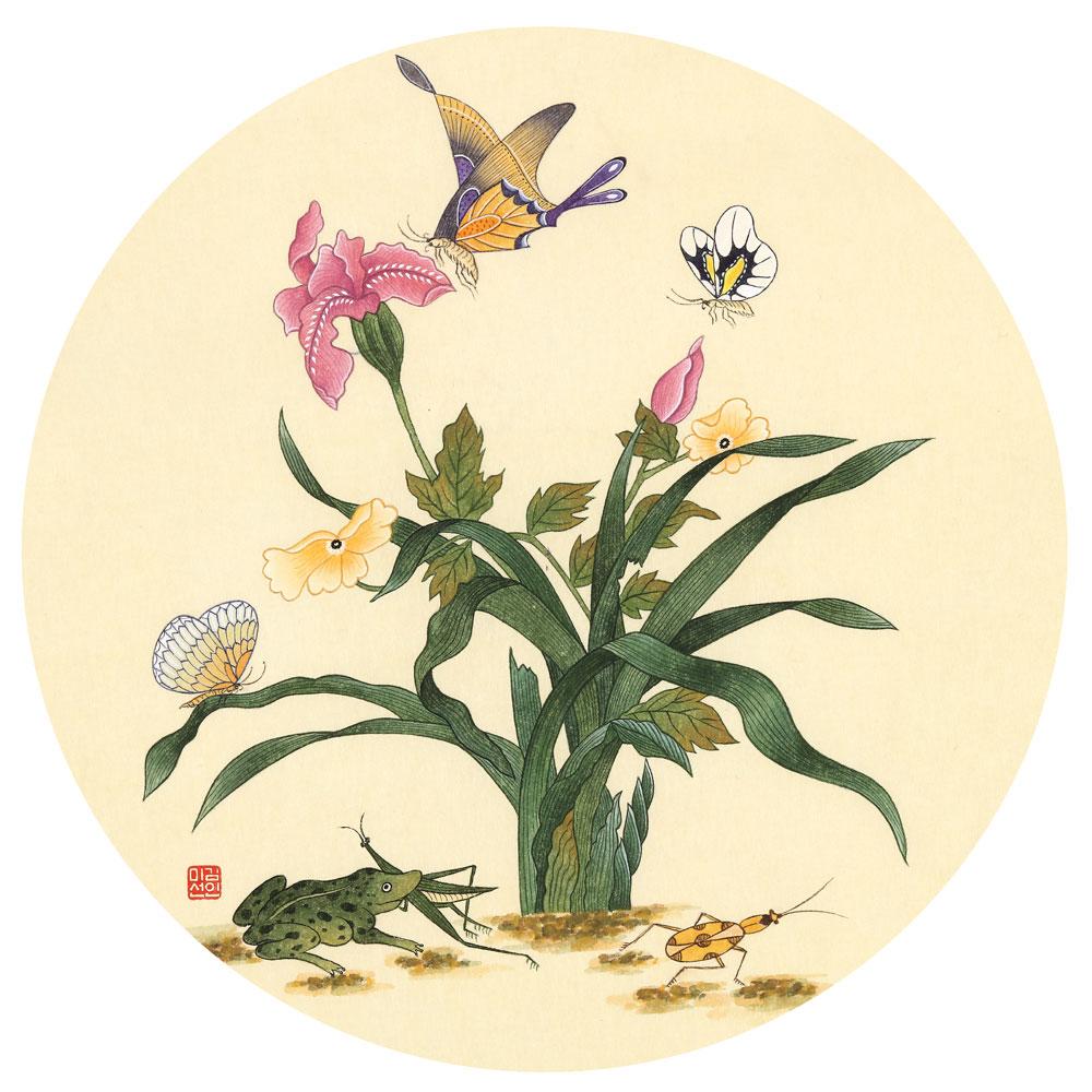 Blumen, Schmetteringe und Frosch - Kunstwerk artlia