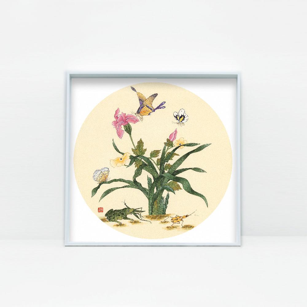Blumen, Schmetteringe und Frosch - Kunstwerk artlia