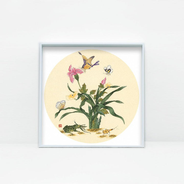 Blumen, Schmetteringe und Frosch - Kunstwerk artlia
