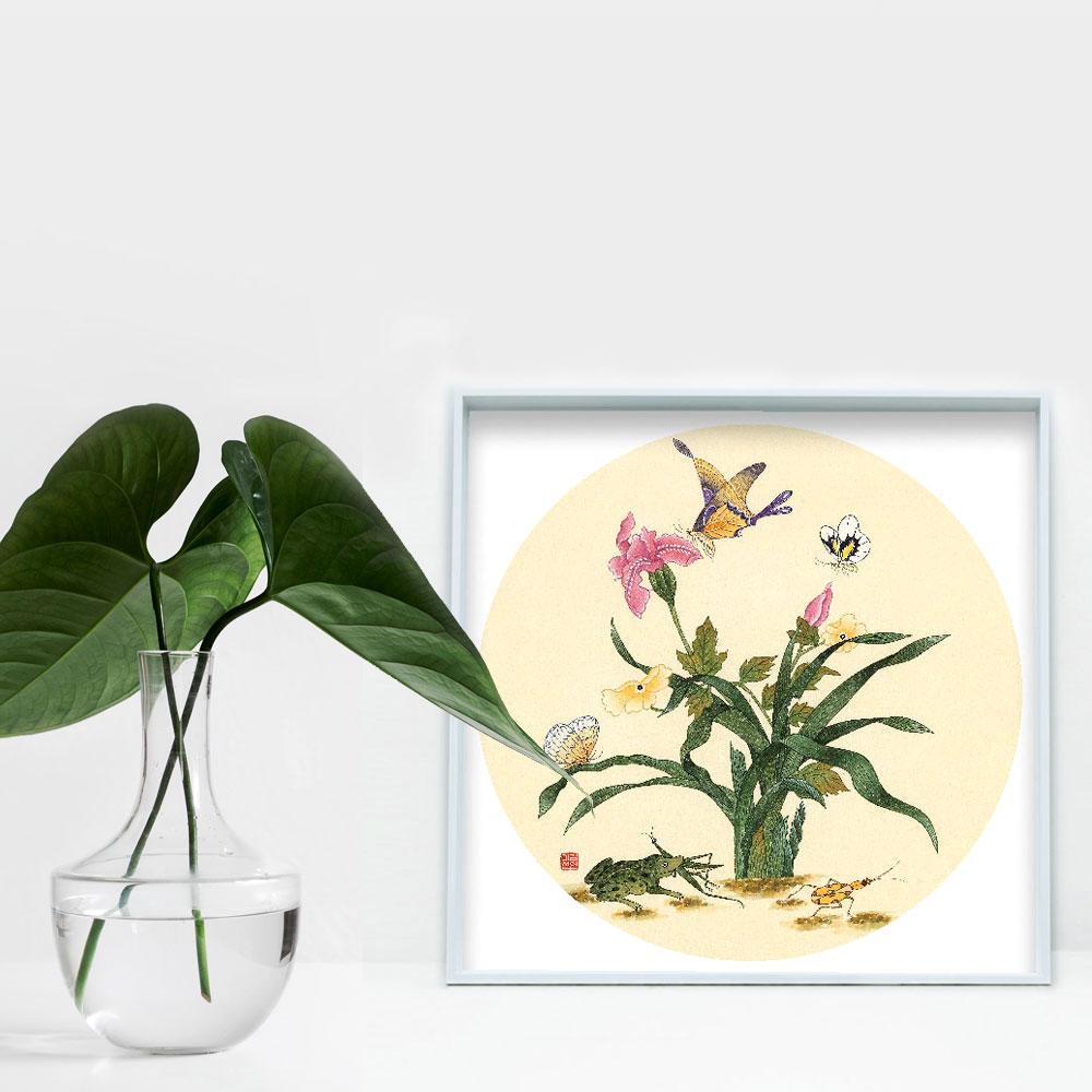 Blumen, Schmetteringe und Frosch - Kunstwerk artlia