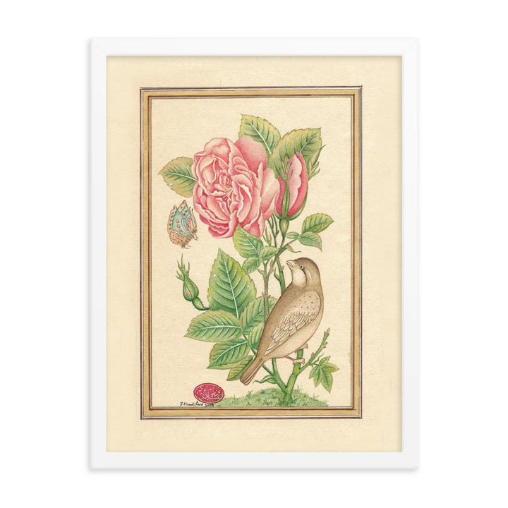 Blumen und der Vogel - Poster im Rahmen Weiß / 30x41 cm artlia