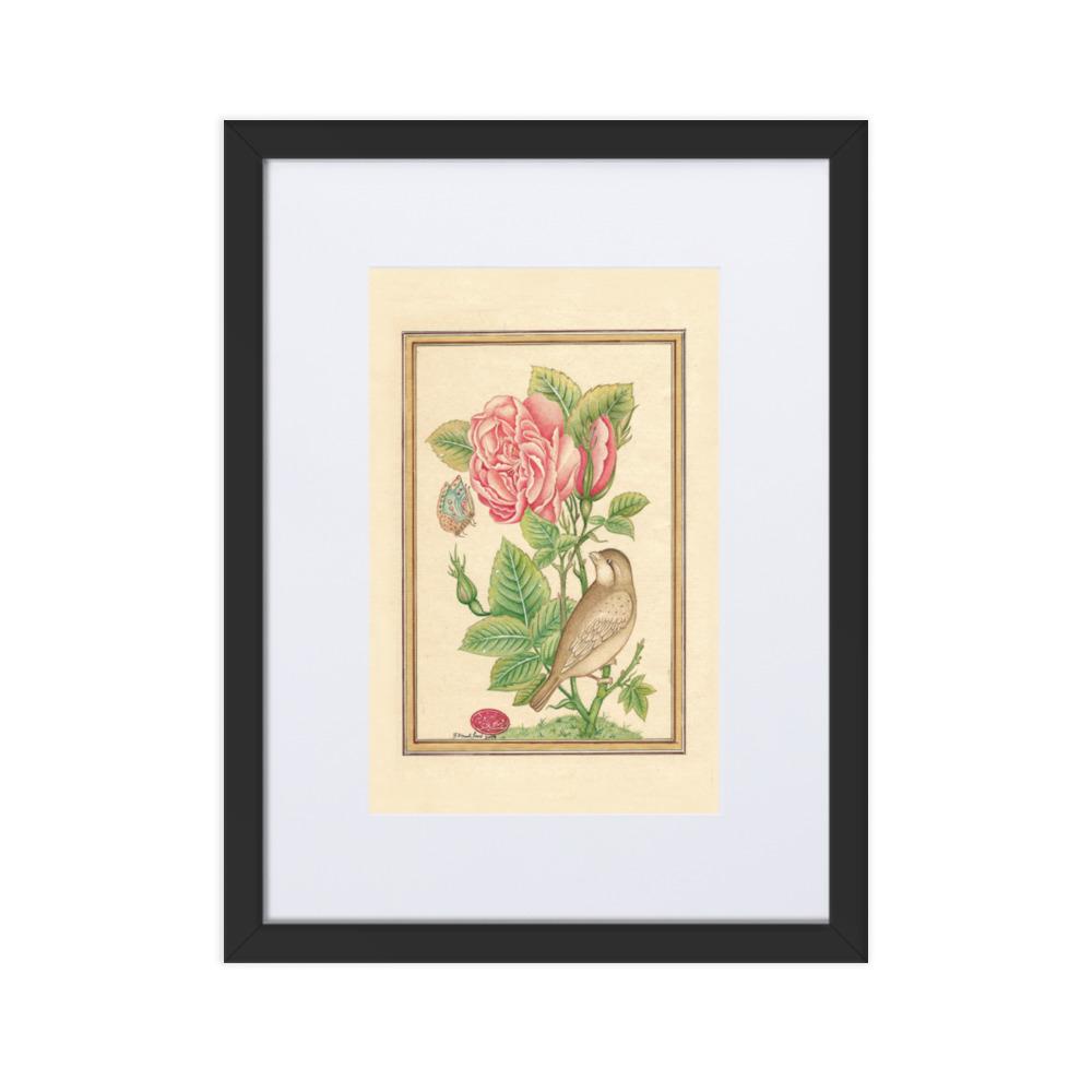 Blumen und der Vogel - Poster im Rahmen mit Passepartout Schwarz / 30×40 cm artlia