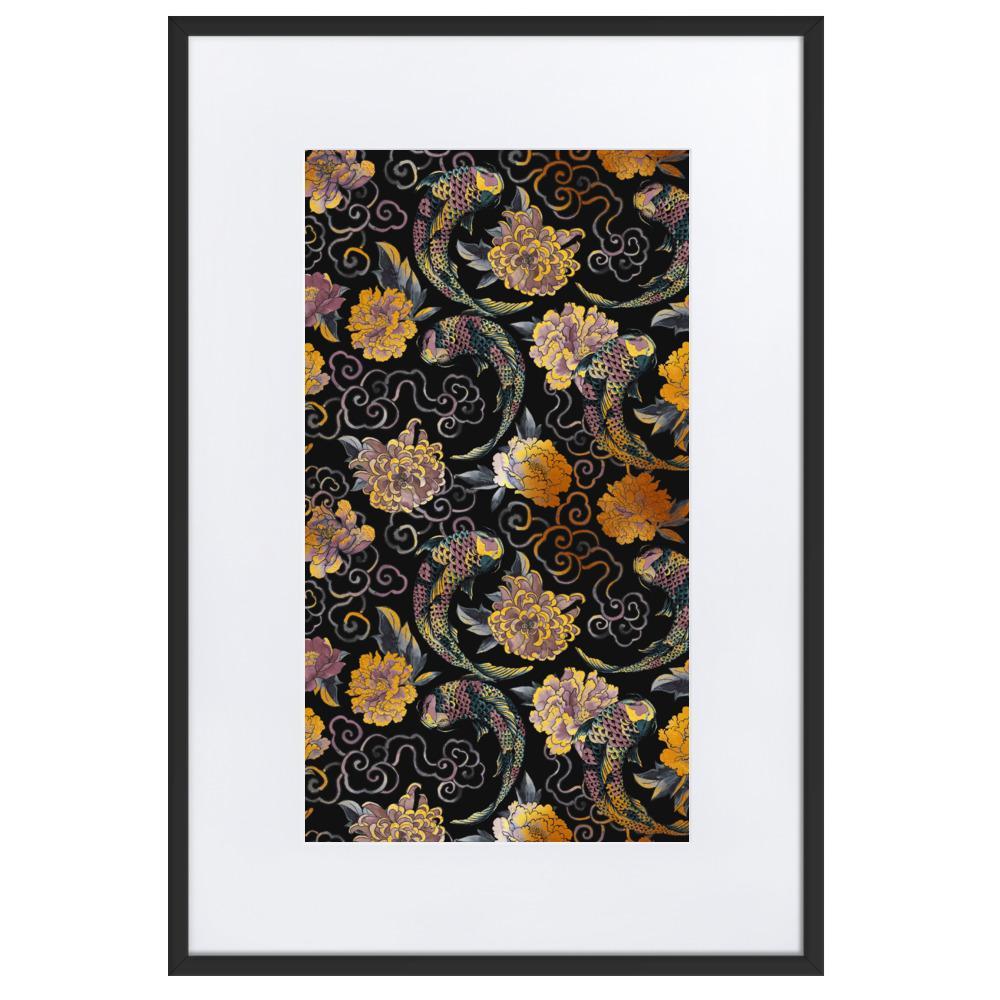 Blumen und Kois - Poster im Rahmen mit Passepartout artlia