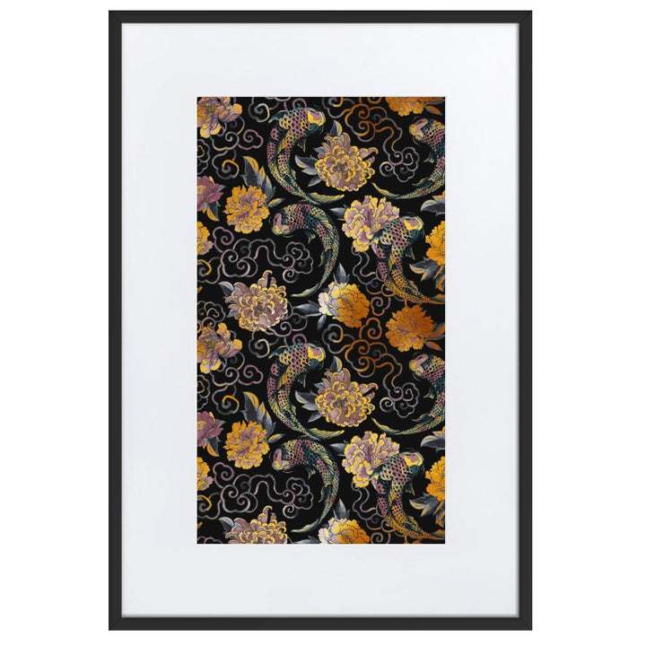 Blumen und Kois - Poster im Rahmen mit Passepartout artlia