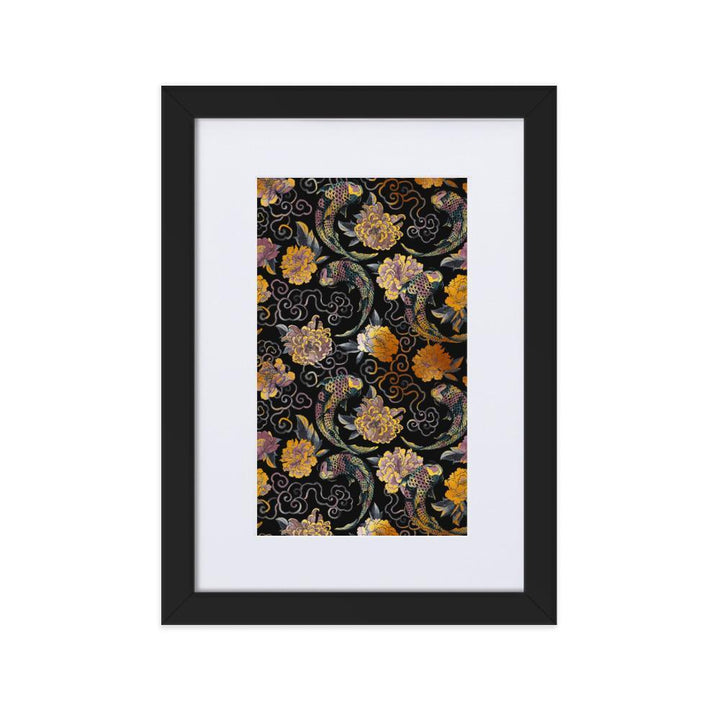 Blumen und Kois - Poster im Rahmen mit Passepartout schwarz / 21×30 cm artlia