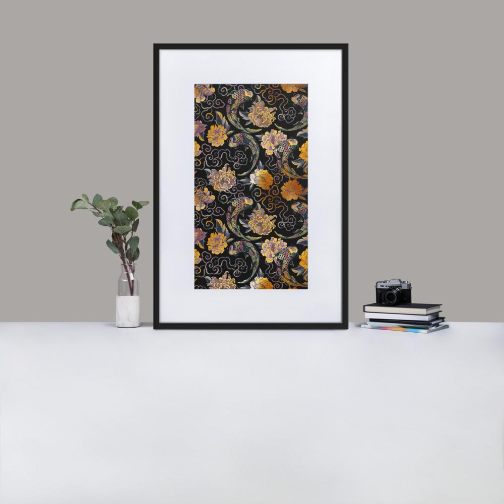 Blumen und Kois - Poster im Rahmen mit Passepartout schwarz / 61×91 cm artlia
