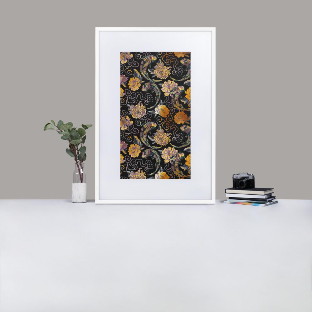 Blumen und Kois - Poster im Rahmen mit Passepartout weiß / 61×91 cm artlia