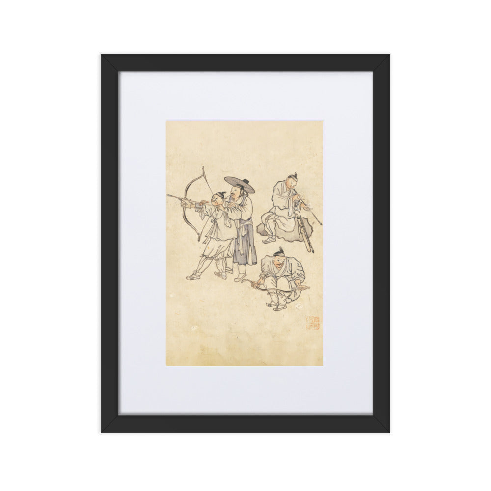 Bogenschiessen, Kim Hong-do - Poster im Rahmen mit Passepartout Schwarz / 30×40 cm artlia
