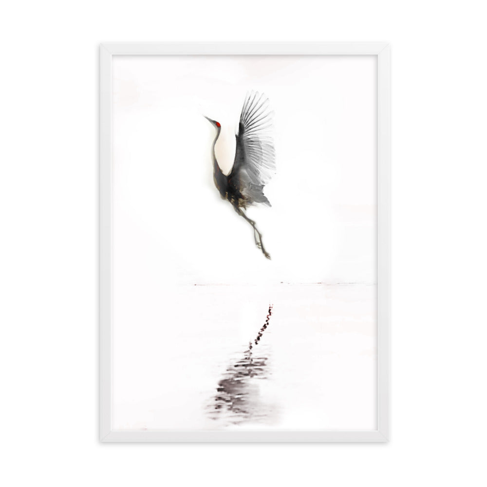 fliegender Kranich - Poster im Rahmen Weiß / 50×70 cm artlia