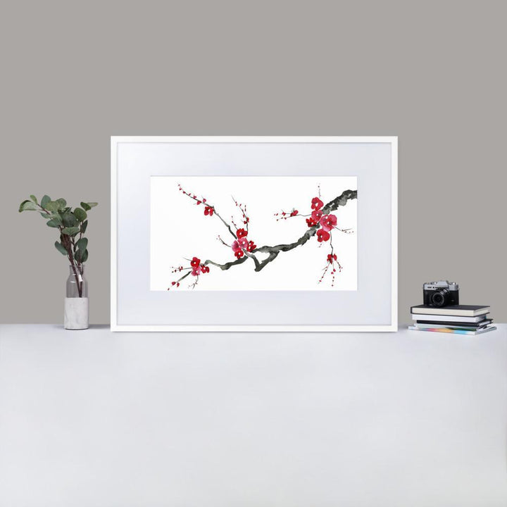 Pflaumenblüten - Poster im Rahmen mit Passepartout artlia