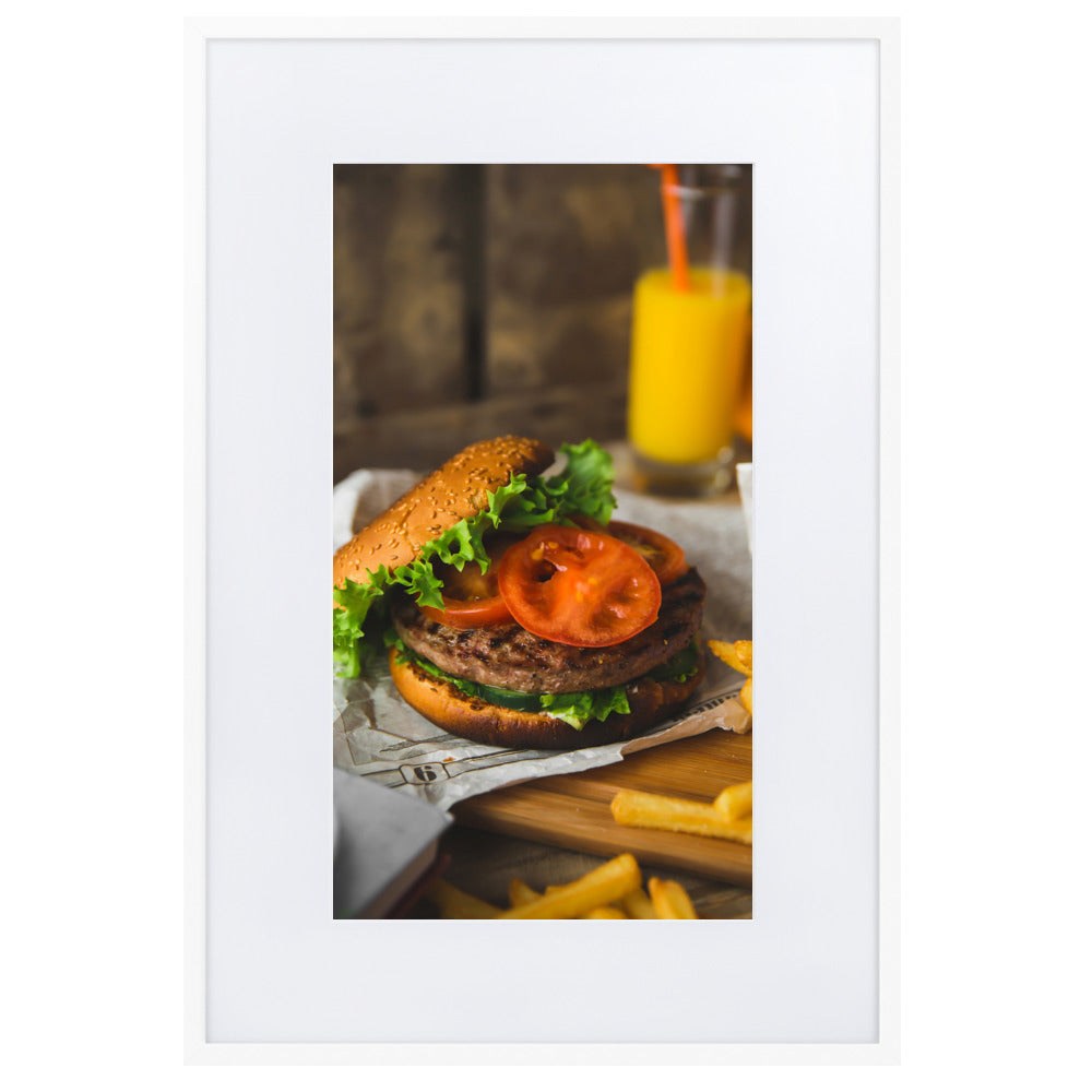 Poster mit Passepartout - Burger und Pommes Weiß / 61×91 cm artlia