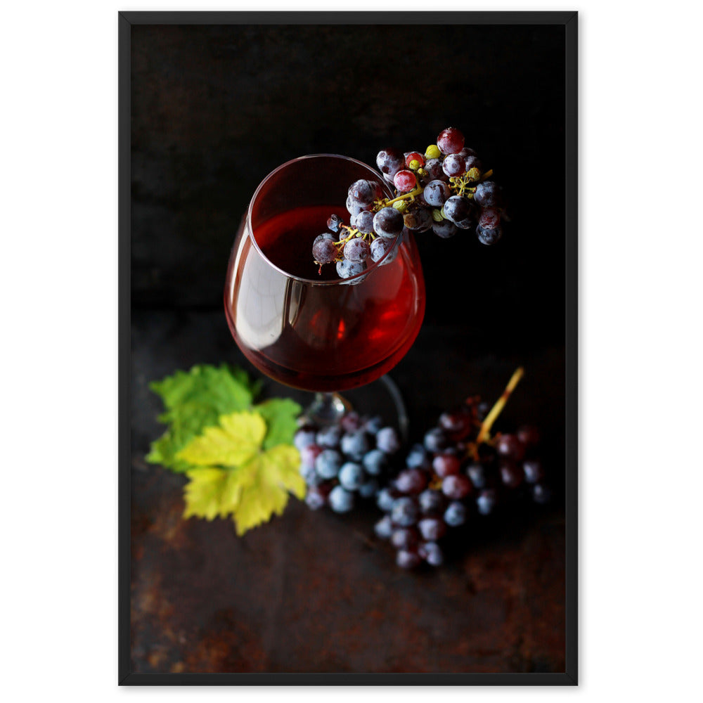 Poster mit Rahmen - Wein und Trauben Schwarz / 61×91 cm artlia