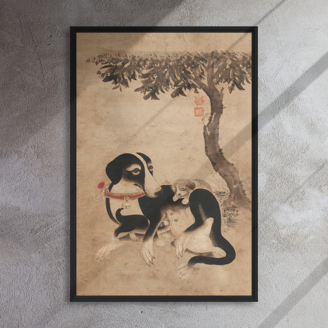 Hundemutter-mit-Welpen-framed-canvas-_in_-black-24x36