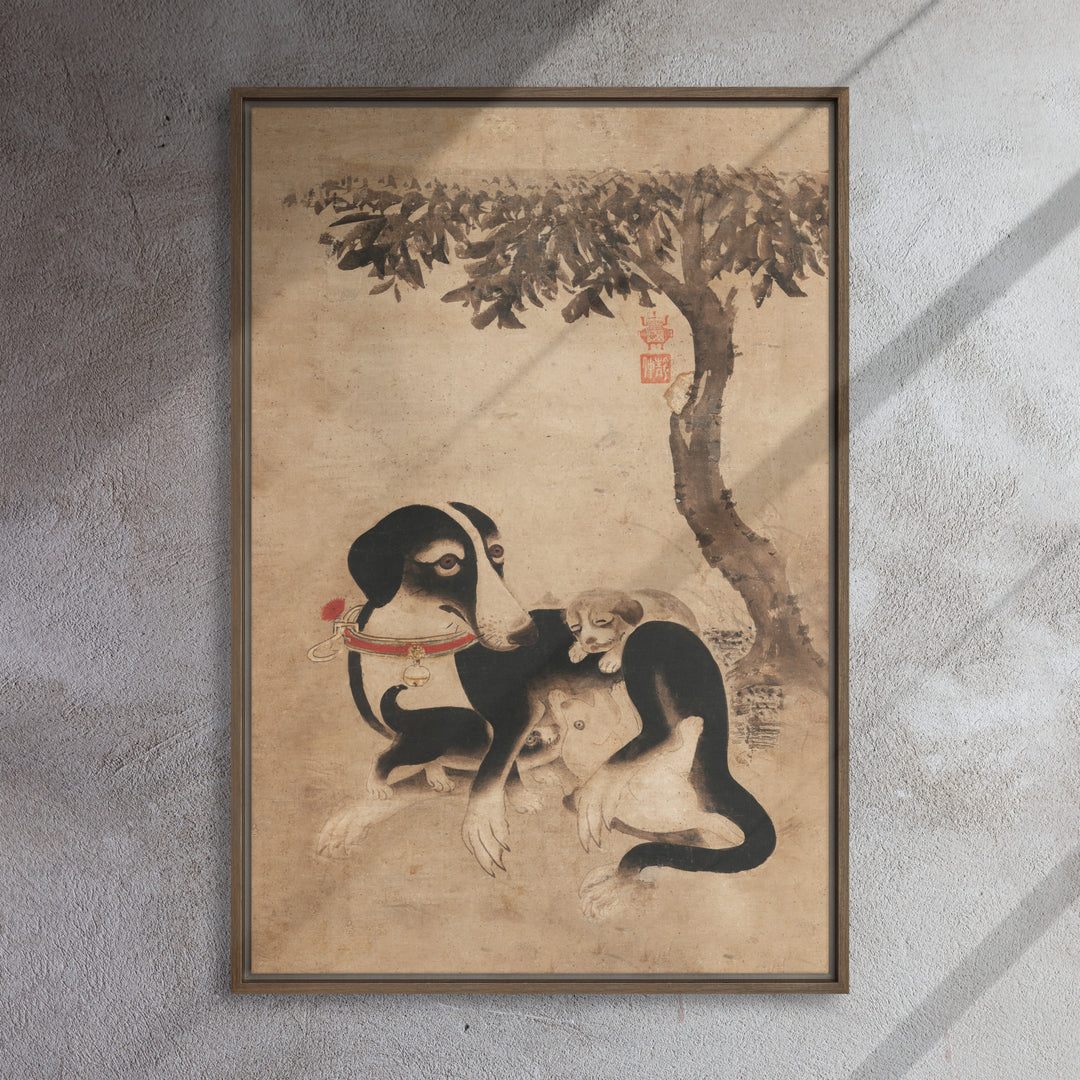 Hundemutter-mit-Welpen-framed-canvas-_in_-brown-24x36